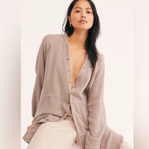 We The Free Cream Mandarin Collar Long Sleeve Button Down Shirt